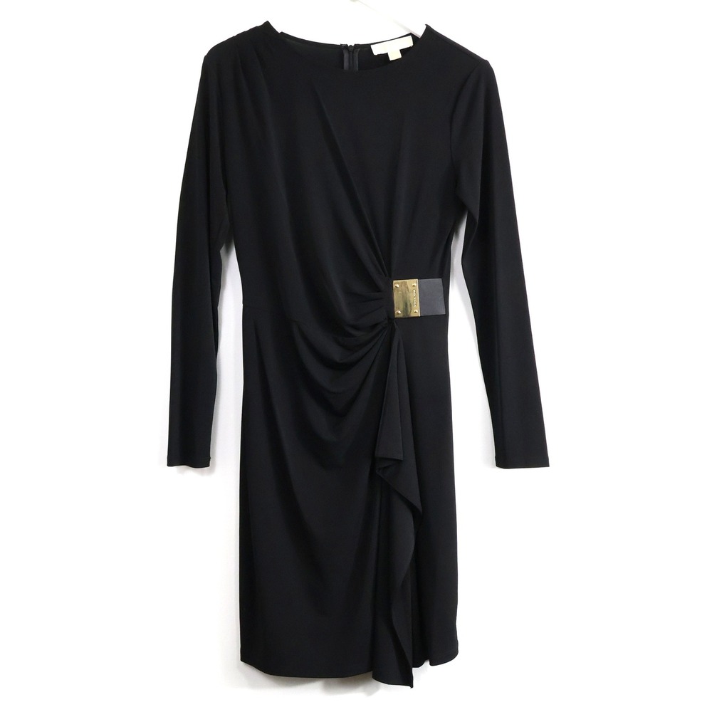 Michael Kors Black Gold Logo Plate Draped Long Sleeve Sheath Dress MF58V9AS32 M